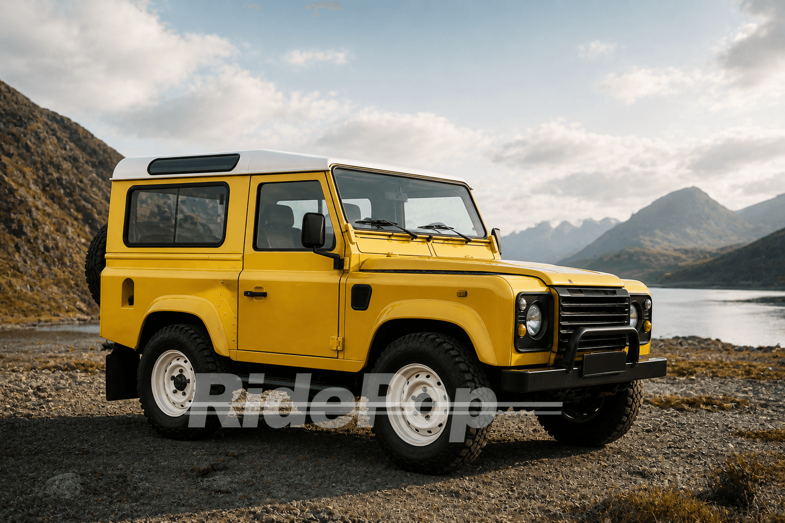 Watermarked RidePop demo portrait of a blue overlanding Land Cruiser in snowy mountains